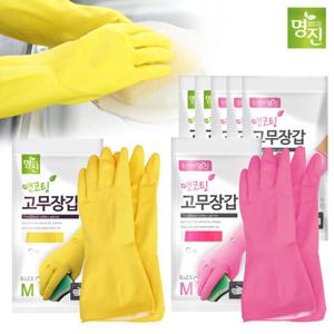 명진 면코팅 고무장갑 (M) 5개 (옐로우/핑크)