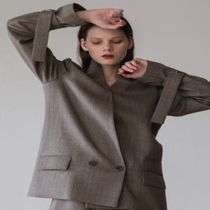 [아에르] Collarless Strap Wool Jacket (Beige Check)