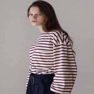 [아에르] Her Pocket Loose Fit Cotton Tshirts (Burgundy Stripe)