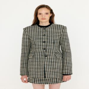 [잉크] 베이스 라운드 넥 롱 자켓 - 블랙/아이보리 체크