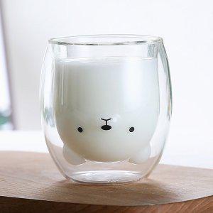 (로하티) 행복카페 이중 유리컵 거꾸로 곰돌이 동물컵