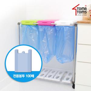 [토마톰스]재활용 쓰레기 분리수거보관함 3단 사각+전용비닐봉투 100매