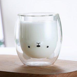 로하티 행복카페 이중 유리컵 거꾸로 곰돌이 동물컵