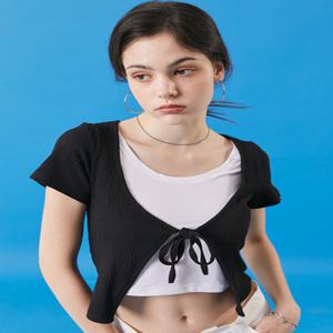 [콜릿] 여름 쿨링 크롭 볼레로 리본끈 반팔티 가디건 [BLACK]