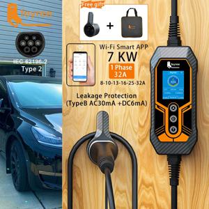 Feyree 휴대용 EV 충전기 타입 2, 32A, 7KW, EVSE, 와이파이 앱 제어, 조정 가능한 전류, 스마트 타이밍 충전, 가정 및 야외용