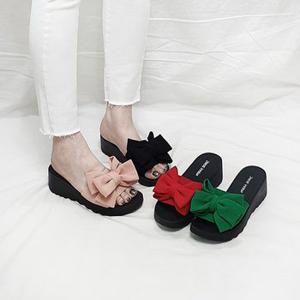 주나 왕리본 스트랩 통굽 웨지 키높이 슬리퍼 6cm