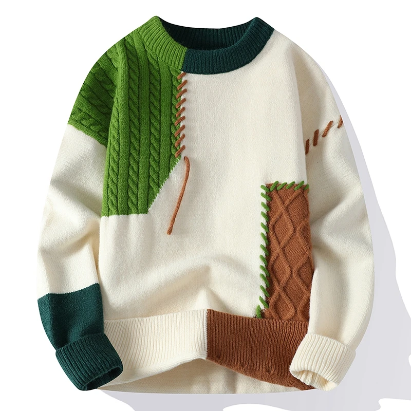 남성용 따뜻한 스웨터, 터틀넥 패치워크 풀오버, 한국 스트리트웨어 풀오버, 캐주얼 남성 의류, 가을, 겨울 패션, 신제품
