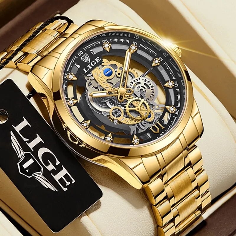 LIGE 남성용 스켈레톤 쿼츠 손목시계, 골드 스켈레톤 레트로 남성 시계, 최고 브랜드 럭셔리 시계, 신제품