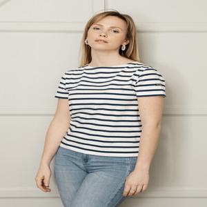 [르미너] 여성 스트라이프 보트넥 숏슬리브 티셔츠 D43 화이트/네이비