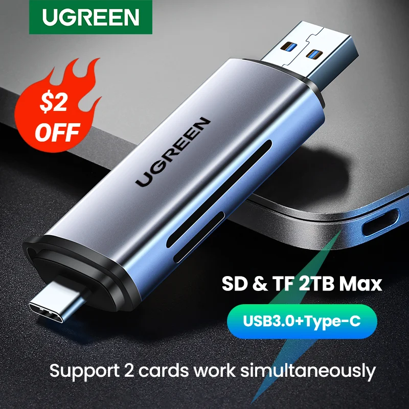 UGREEN 카드 판독기 USB3.0 및 USB C to SD MicroSD TF Thunderbolt 3 OTG 어댑터 PC 태블릿 스마트폰용 2-in-1 카드 판독기 Macbook Samsung 노트북 액세서리 지원 Windows Mac OS Linux iPad OS Android 시스템 플러그 앤 플레이 스마트 메모리 카드 판독기 SD 카드 어댑터 최대 2TB