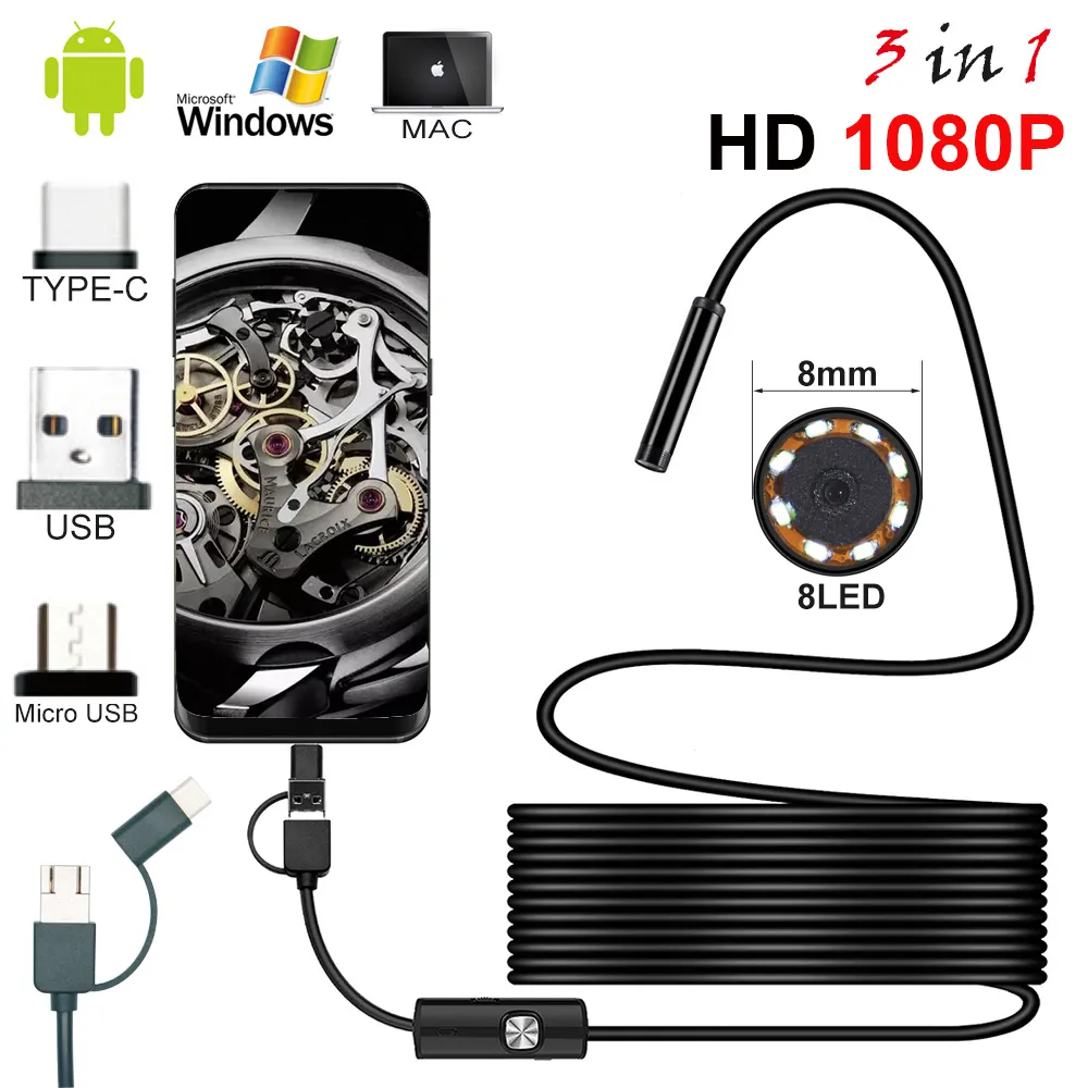 안드로이드 PC용 방수 검사 내시경 카메라, 1080P HD USB 내시경, 8 LED, 1 m, 2 m, 5m 케이블, 8.0mm, 신제품