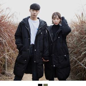 남녀 공용 덕 다운 롱 패딩 후드 커플 아우터 2COLOR