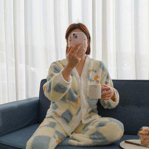 귀여운 캐릭터 오리 체크 수면 파자마 세트 극세사 겨울 여성 홈웨어 잠옷 가디건 (반품불가)