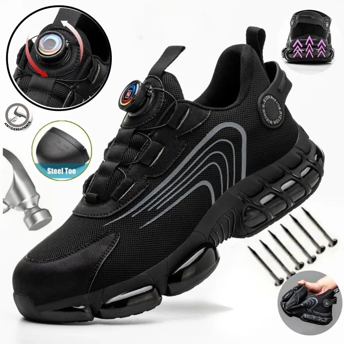 회전식 버클 작업 스니커즈, 안전 산업 신발, 펑크 방지, 충돌 방지 강철 발가락 신발