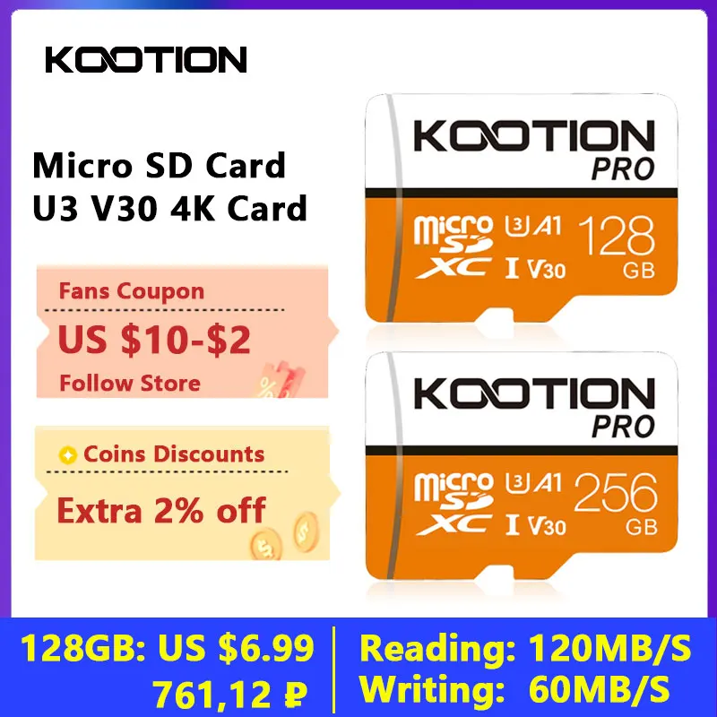 KOOTION T1Pro 마이크로 SD 카드 64GB 128GB 256GB Micro Sd Card 플래시 메모리 카드 A1 V30 U3 클래스 10 전화용 고속 Microsd TF 비디오 카드