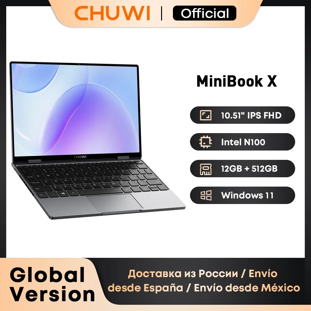 CHUWI MiniBook X 노트북 태블릿 PC, 2 in 1, 12GB LPDDR5 512G SSD, 인텔 N100, 10.51 인치 FHD IPS 스크린, 1920*1200, 윈도우 11 노트북