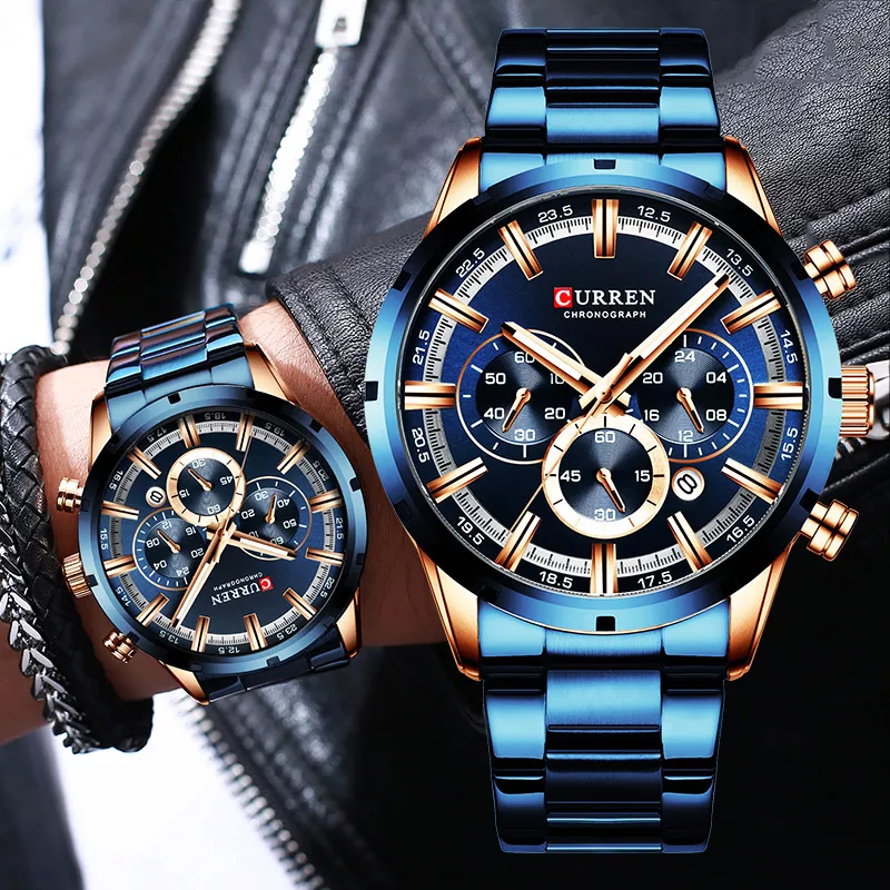 Curren 남성용 시계, 블루 다이얼 스테인레스 스틸 밴드 날짜 표시 남성용 비즈니스 남성 시계, 방수 럭셔리 남성용 손목 시계