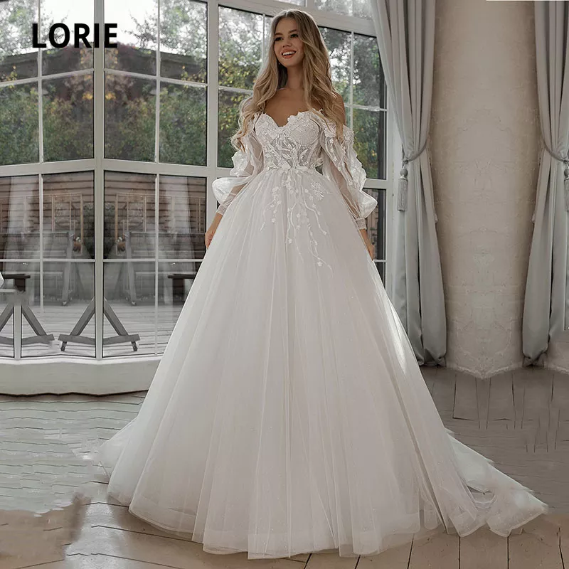 LORIE 반짝이 웨딩 드레스, 퍼프 슬리브 아플리케 레이스, 3D 꽃 오프숄더 튤, 보헤미안 신부 가운 2021