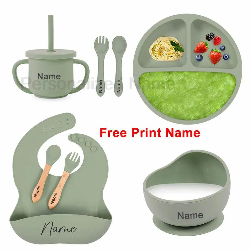 아기용 실리콘 수유 세트, 원형 식사 접시, 빨판 그릇, 맞춤형 이름, 어린이 식기 빨대 컵, 8 개