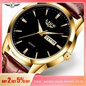 LIGE 남성용 패션 시계, 탑 브랜드 럭셔리 쿼츠 시계, 가죽 스트랩, 방수 비즈니스 캐주얼 손목 시계