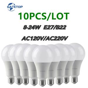 LED 전구 램프, 실제 전원 8W-24W, 3000K, 4000K, 6000K, 가정 및 사무실 조명용 램프, A60, A80, E27, B22, AC120V, AC220V, 10 개