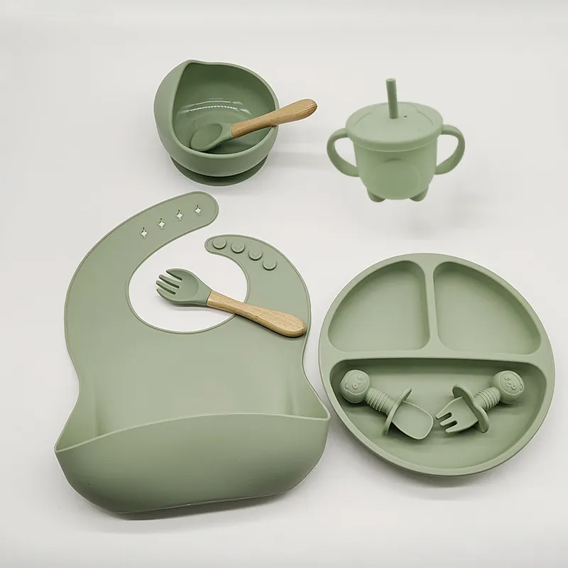 유아용 보완 식품 훈련 실리콘 식기 세트, 아기 흡입 컵 그릇, 아기 용품, 8 개 세트