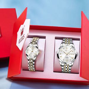 OLEVS 9931 커플 시계 세트, 마름모 디자인, 솔리드 스테인레스 스틸, 남녀 시계, 쿼츠 시계, 커플 레드 하트 선물 상자