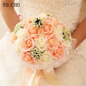 YO CHO 신부 웨딩 부케, 인조 PE 장미 꽃, 가짜 진주 핑크 부케, 웨딩 용품, 축제 장식