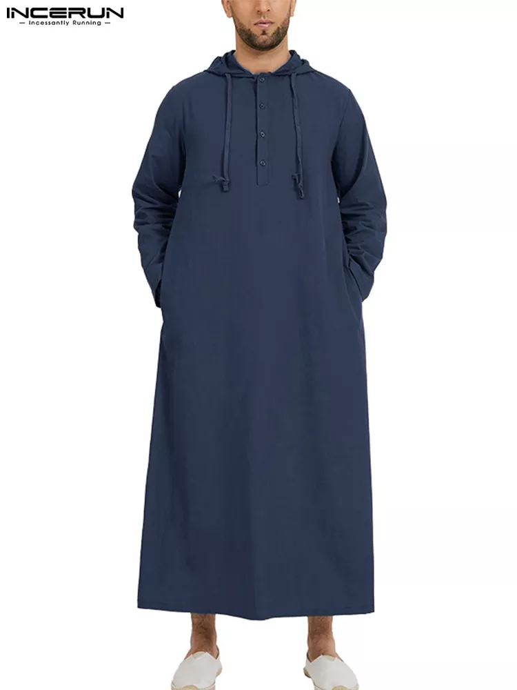 INCERUN 이슬람 Jubba Thobe 긴 소매 로브 셔츠 후드, 사우디 아랍 Kaftan 긴 Jubba Thobe Hombre 이슬람 남성 아바야 의류