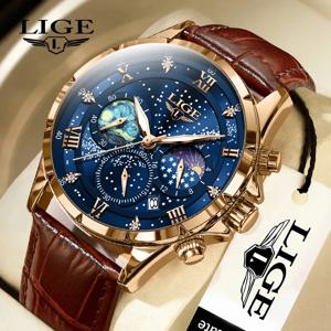 LIGE 남성용 캐주얼 스포츠 시계 럭셔리 방수 날짜 발광 크로노그래프 손목시계 쿼츠 가죽 시계