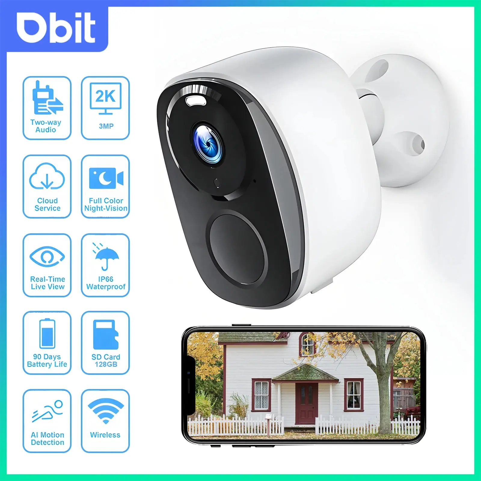 DBIT 와이파이 보안 보호 생존 카메라, 야외 IP 카메라, 스마트 홈 나이트 비전 비디오 녹음기, 배터리 전원, 3MP