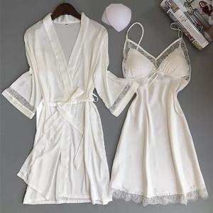 섹시한 여성 레이온 기모노 목욕 가운, 흰색 신부 들러리 웨딩 가운 세트, 레이스 트림 잠옷, 캐주얼 홈 의류, 잠옷