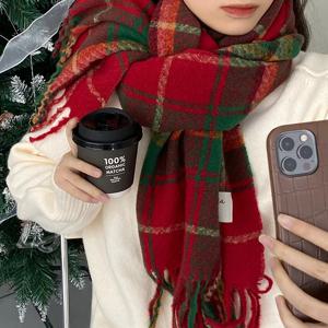 여성용 빈티지 캐시미어 태슬 스카프, 체크 무늬, 한국, 두껍고 따뜻한, 긴 목도리, 크리스마스 선물, 패션 액세서리, 겨울