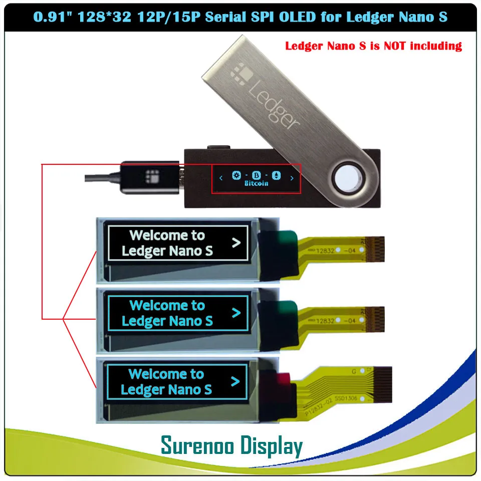 Ledger Nano S용 OLED 디스플레이 모듈 패널, 0.91 인치 12832, 128*32, 12 핀, 12P, 15 핀, SSD1306 직렬 SPI, PMOLED