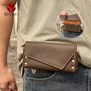 RIYAO 정품 가죽 빈티지 듀얼 레이어 플립 폰 홀스터 지갑 케이스, 벨트 클립 허리 가방, 야외 여행 휴대폰 가방 지갑