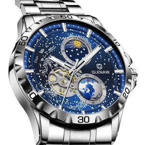 GLENAW 회전 지구 이중 초침 손목시계 남성용, 자동 기계식 시계, 별이 빛나는 하늘, 스테인리스 스틸 가죽 시계 밴드