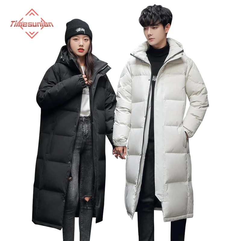 한국어 버전 남성 다운 재킷 무릎 위 두꺼운 긴 오리 디스커버리 코트 커플 후드 따뜻한 겨울 연인 의류 여성