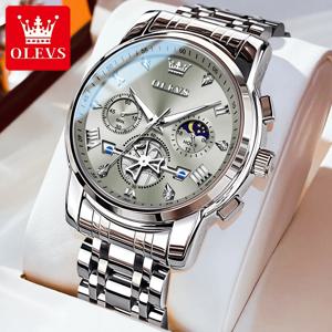 OLEVS 남성용 스테인리스 스틸 시계, 크로노그래프, 문페이즈 방수, 야광 쿼츠 손목시계, 럭셔리 브랜드