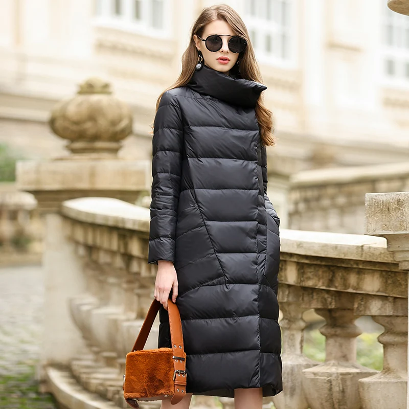 여성용 덕 다운 재킷, 겨울 2019 겉옷 코트, 여성용 롱 캐주얼 라이트 초박형 웜 다운 패딩 재킷, 브랜드 파카