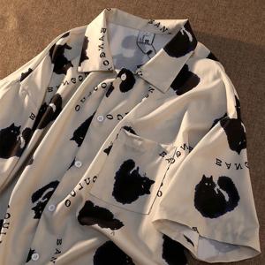 XEJ 여성용 고양이 그래피티 셔츠, 스트리트 스타일 크롭탑, 2022 반소매 셔츠, 한국 쿨 블라우스, 여름