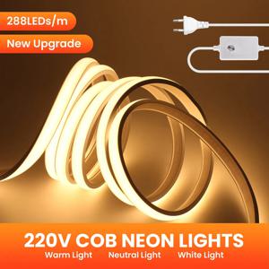 조광 가능한 COB LED 네온 스트립 조명, 조광기 스위치 전원 키트, 고밀도 288 LED 선형 조명, IP68 방수 플렉스 리본, 220V