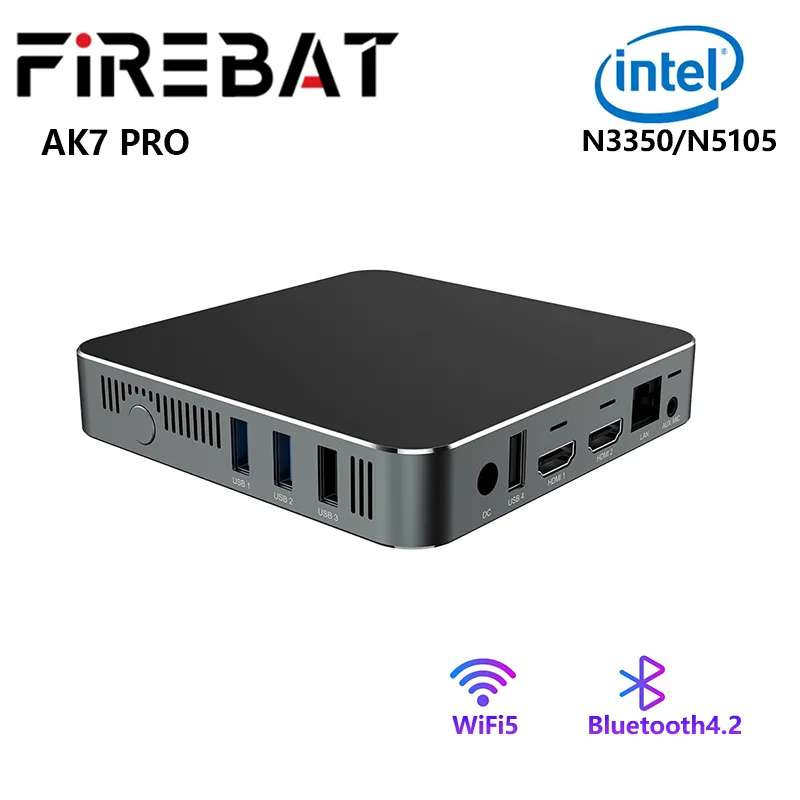FIREBAT AK7 PRO 미니 PC 데스크탑 게임용 컴퓨터, 인텔 N3350 N5105 미니PC, 듀얼 밴드, WiFi5, BT4.2, 6GB, 8GB, 64GB, 256GB