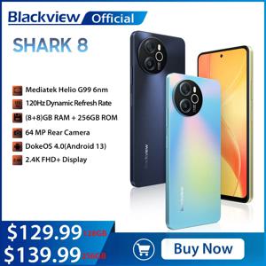 블랙뷰 SHARK 8 언락 스마트폰, 안드로이드 13, G99, 16GB RAM, 128GB, 256GB ROM, 6.78 인치, 2.4K 디스플레이, 듀얼 4G 휴대폰