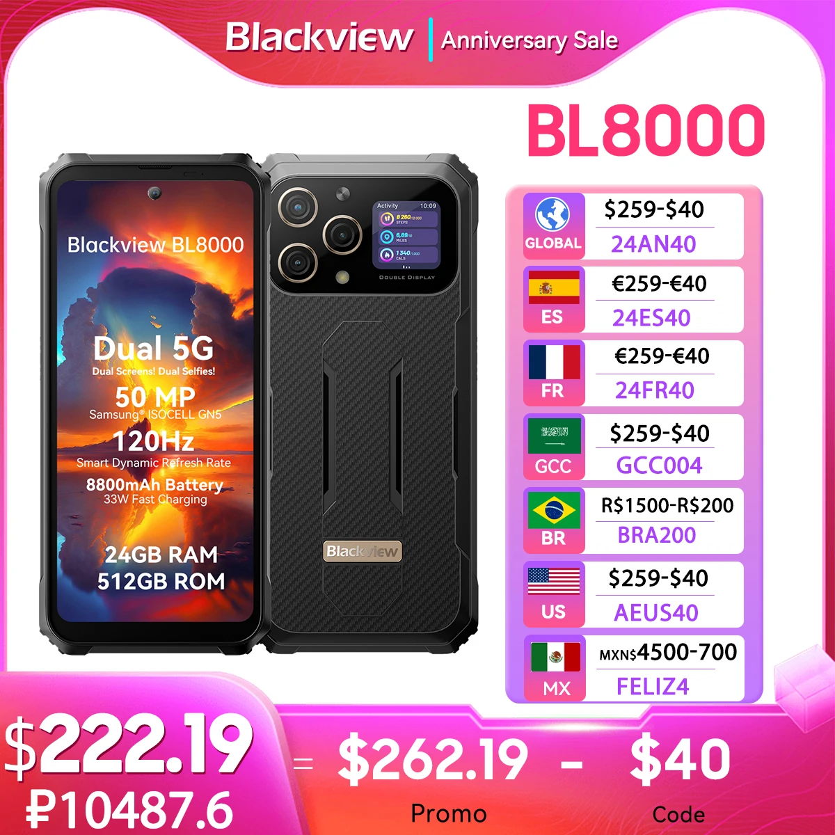 Blackview BL8000 5G 견고한 스마트폰, 6.78 인치 2.4K FHD + 120Hz 디스플레이, 24GB 512GB 휴대폰, 50MP 8800mAh 33W, 월드 프리미어