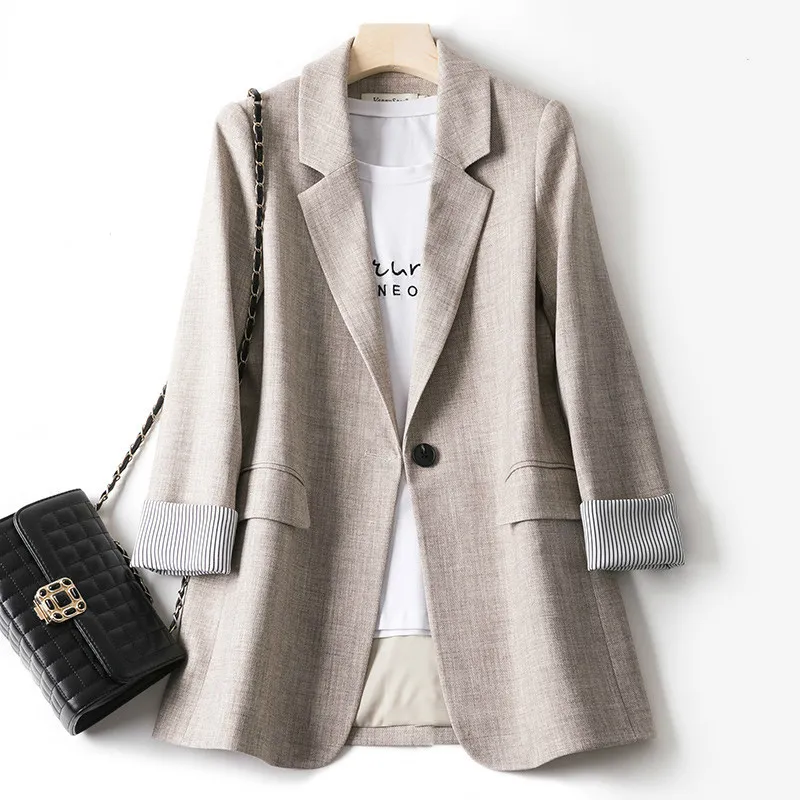 세련된 한국 스타일 블레이저 패치워크 루즈핏 포켓 여성용, 우아한, 싱글 버튼, 미니멀리스트 아웃웨어, 긴 소매, 봄