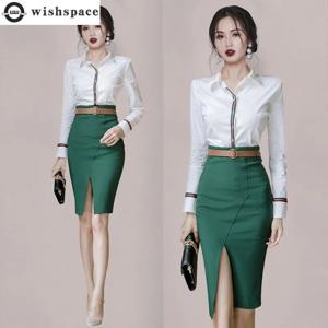 한국 인기 전문 쉬폰 셔츠 슬림 스커트 투피스, 우아한 여성 스커트 정장, 사무실 관리자 복장, 봄 신상