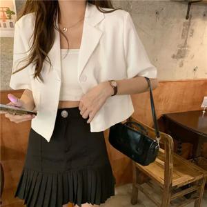 여성용 짧은 소매 크롭 재킷, 한국 패션 버튼, 얇은 블레이저, 2023 단색 짧은 정장 코트, 여름