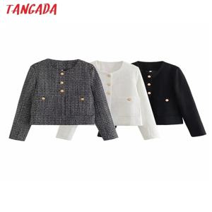 Tangada 2023 가을 여성 루즈 트위드 블레이저 재킷, 포켓 긴팔 크롭 코트, QJ78