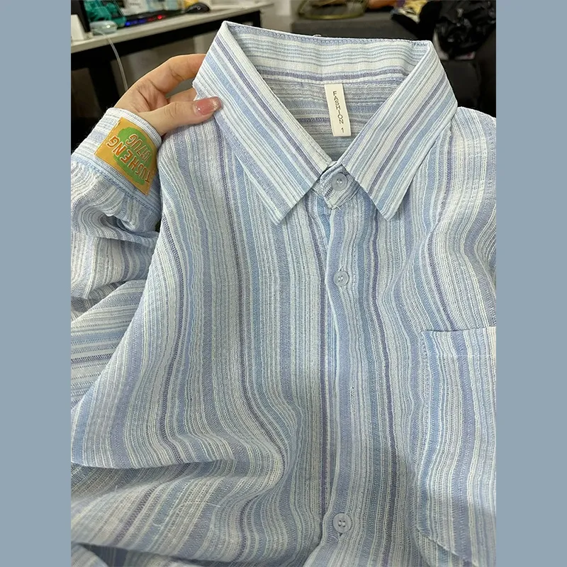 복고풍 스트라이프 긴 소매 셔츠 여성 봄과 가을 얇은 디자인 감각 틈새 느슨한 태양 보호 블루 셔츠 겉옷