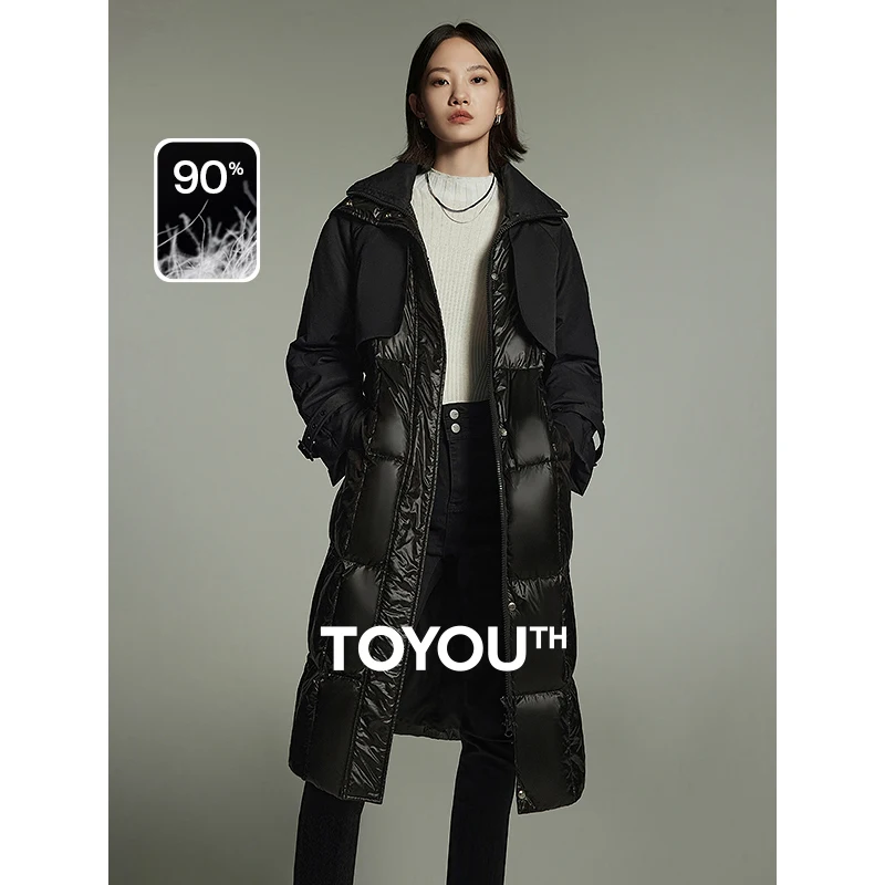 Toyouth 여성용 긴 소매 라펠 다운 재킷, 두꺼운 코트, 스플라이싱 디자인, 따뜻한 방풍 패션, 다목적 아우터, 2023 겨울